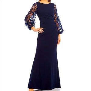 Eliza J Navy Blue Gown with Floral Appliqué Sleeves